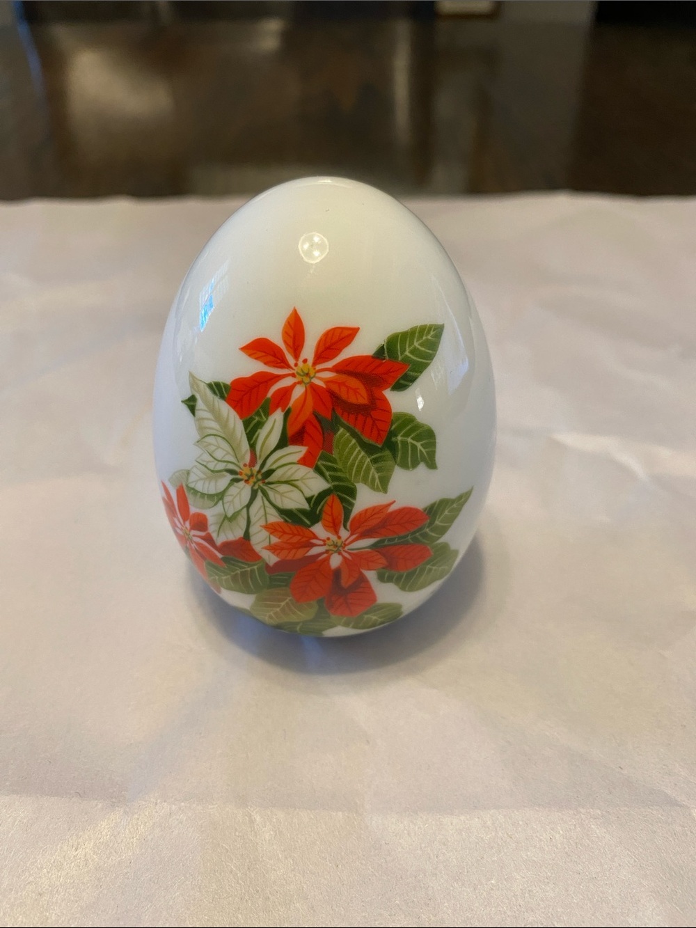 Holiday Poinsettia Ceramic Egg Ornament - White and Red